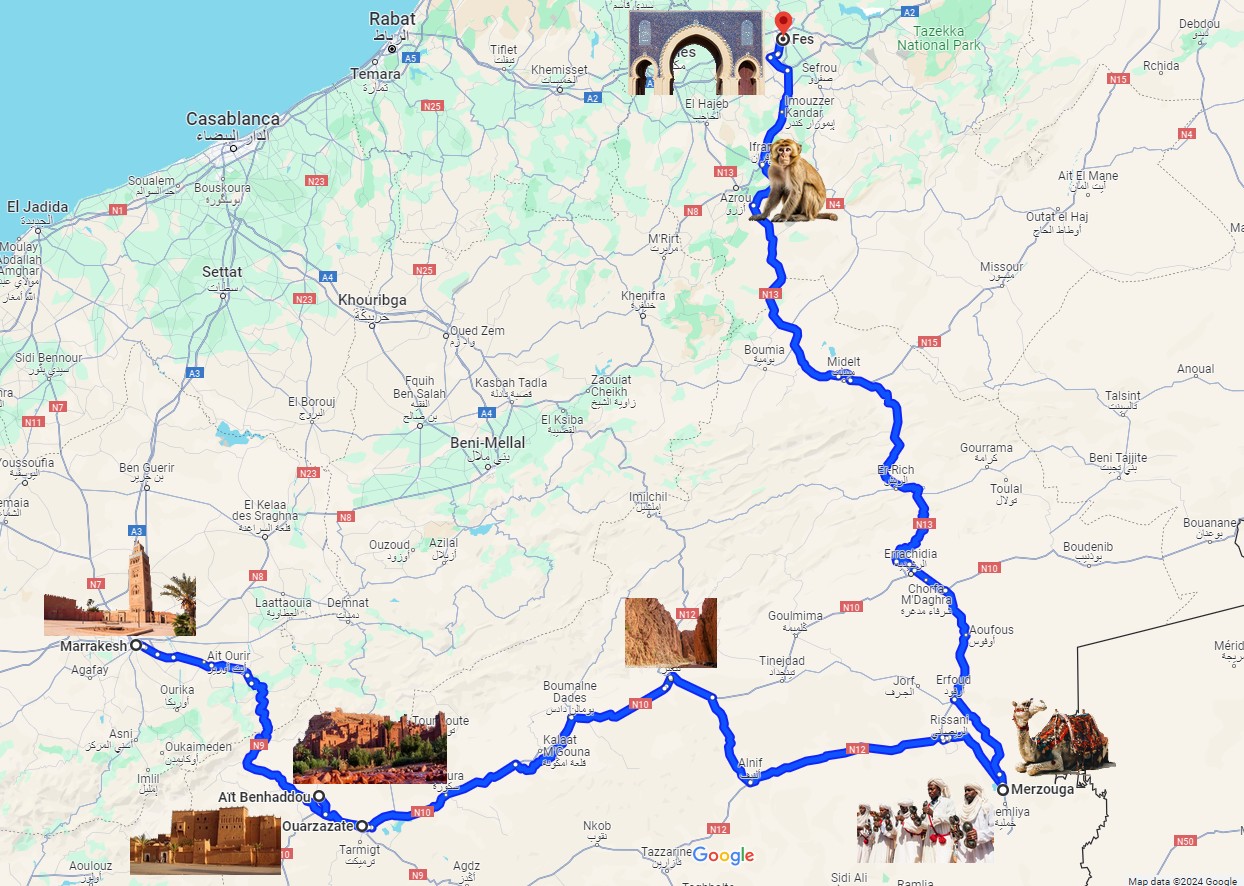 4 day tour Marrakech Fes Map